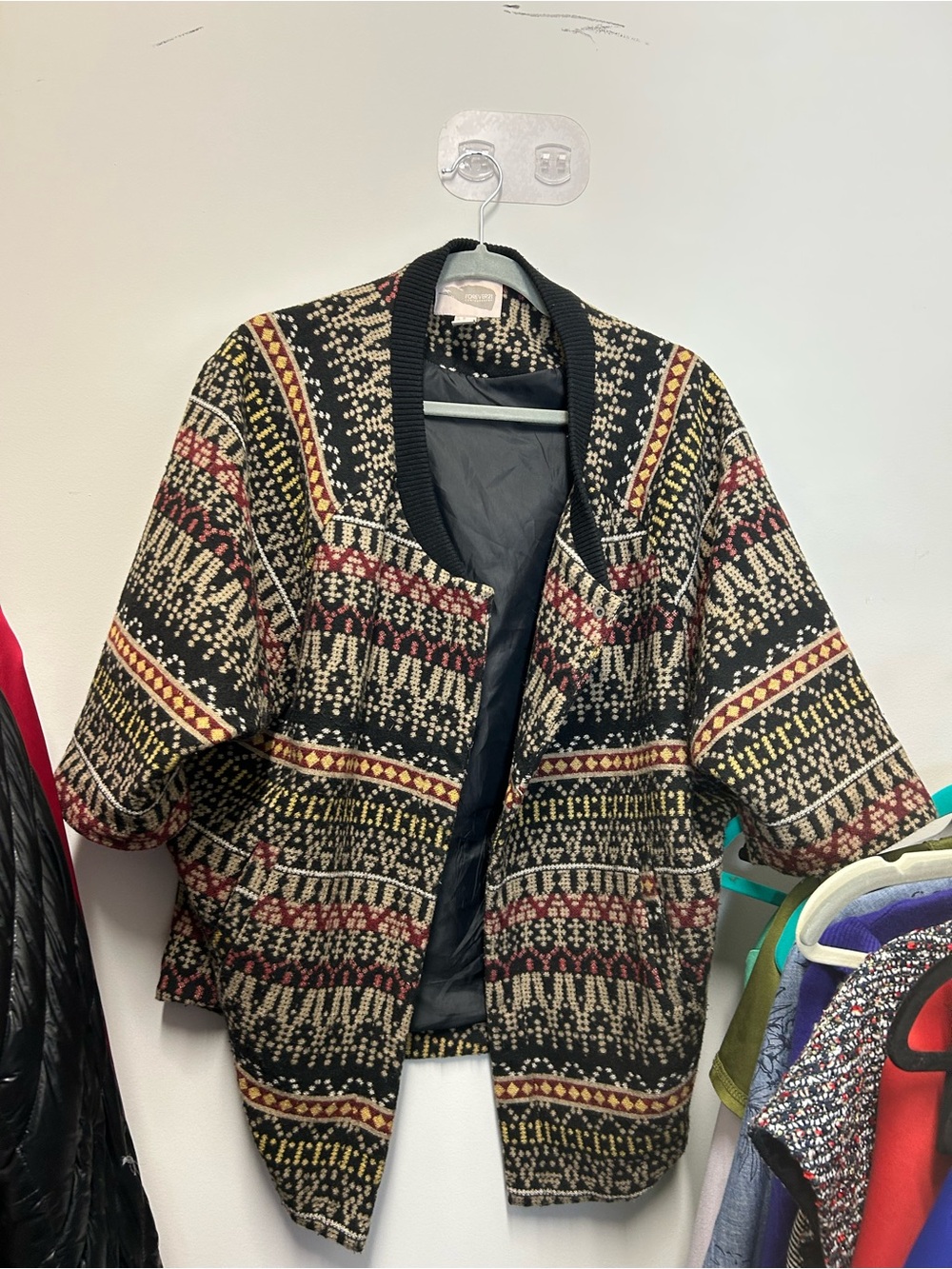 Forever 21 Black Patterned Open-Front Blazer with Red and Yellow Accents